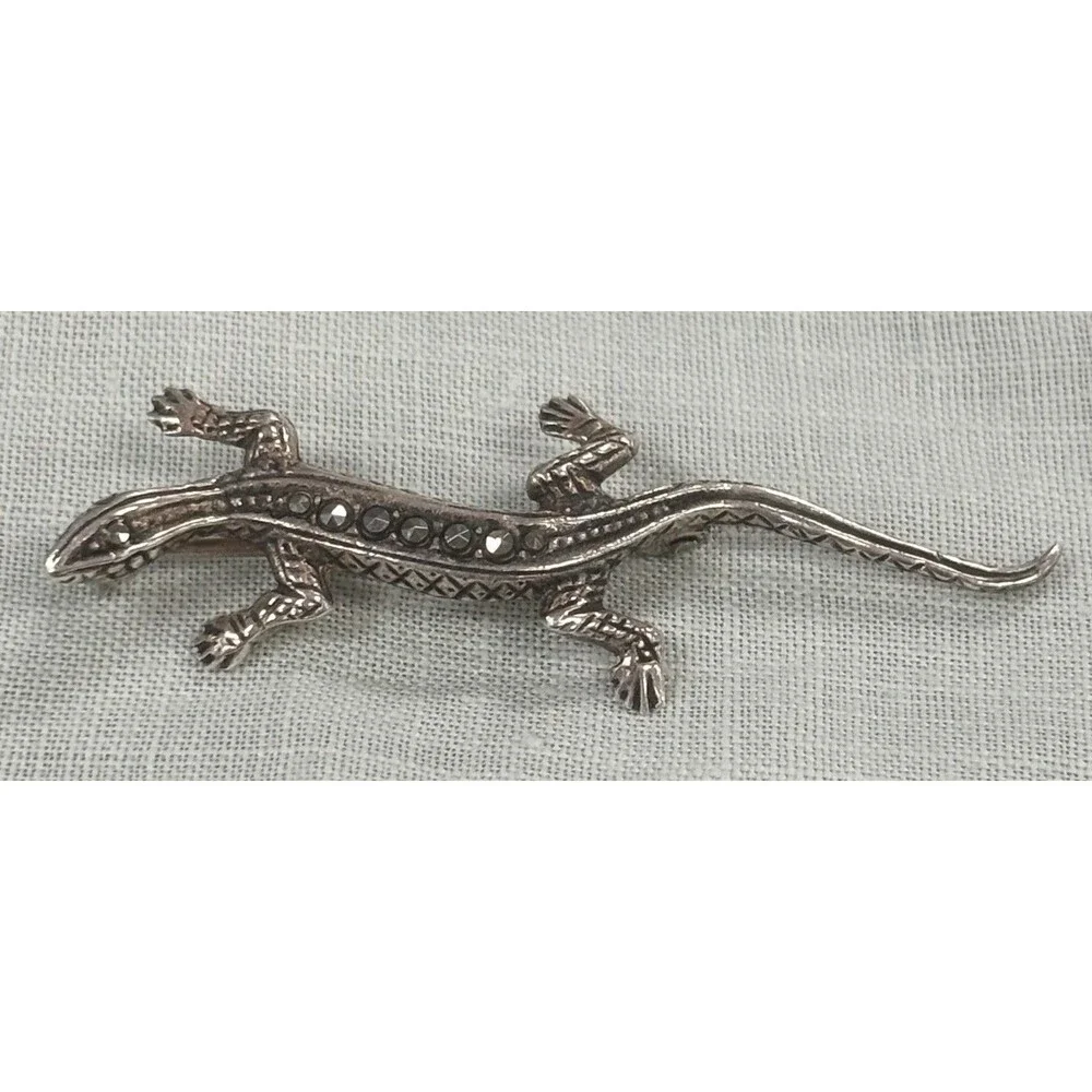Vintage 925 Sterling Silver Marcasite Lizard Brooch Figural Gecko Pin Estate